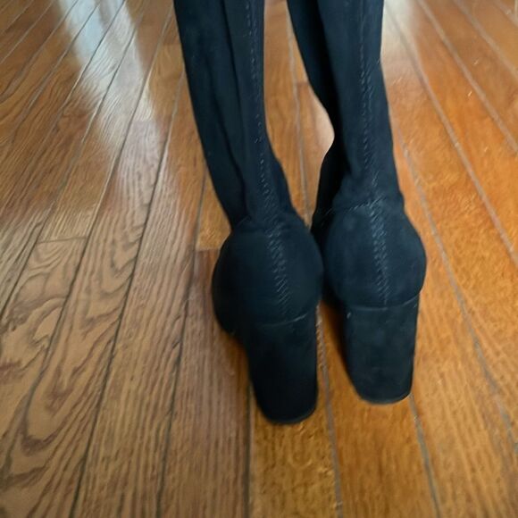 High heel Knee high solid black soft suede boots tie up autumn party block heels - Picture 10 of 13